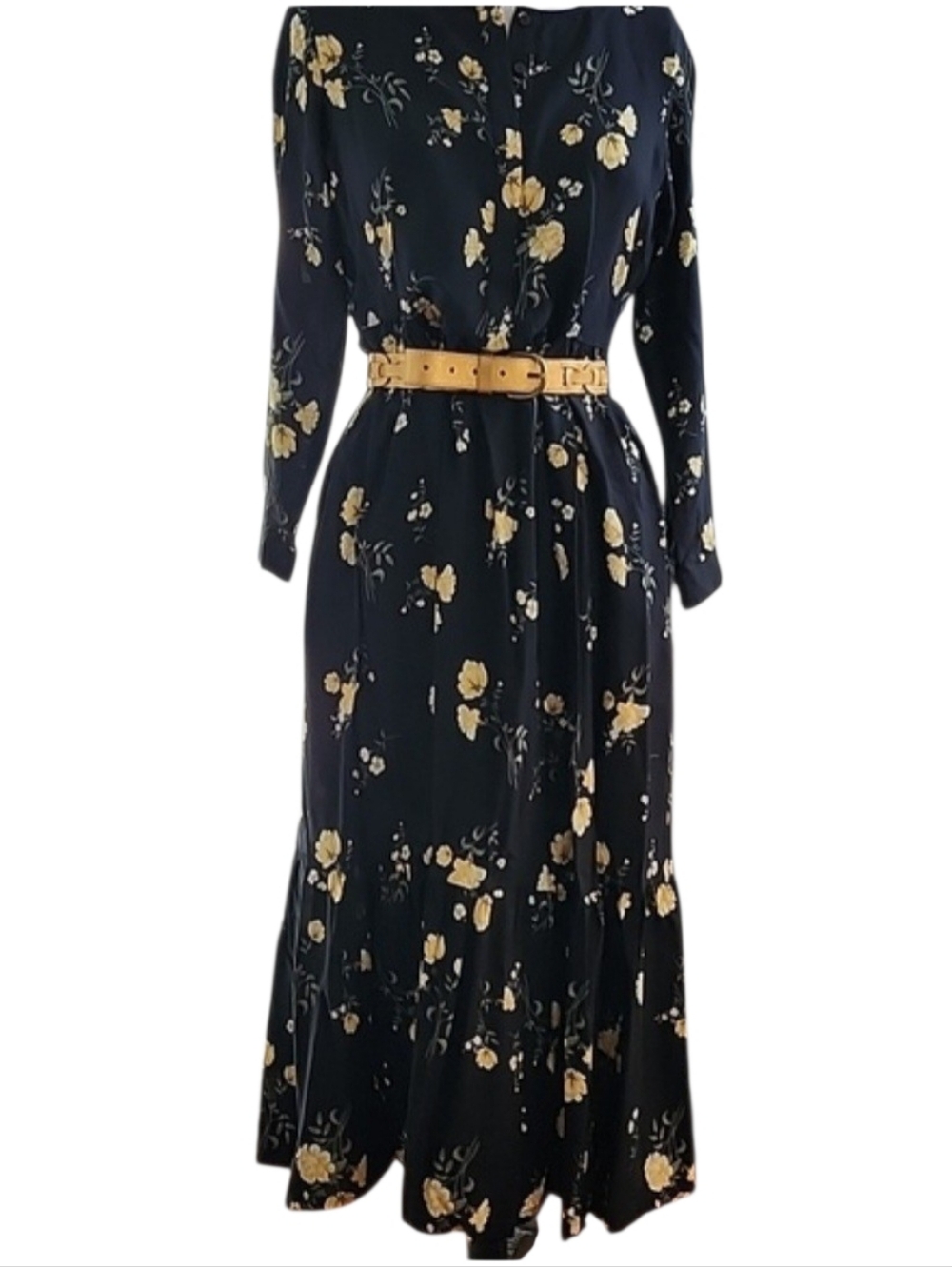 Old Navy Black+Yellow Floral Tiered Maxi Dress S Cottagecore Boho Modest
